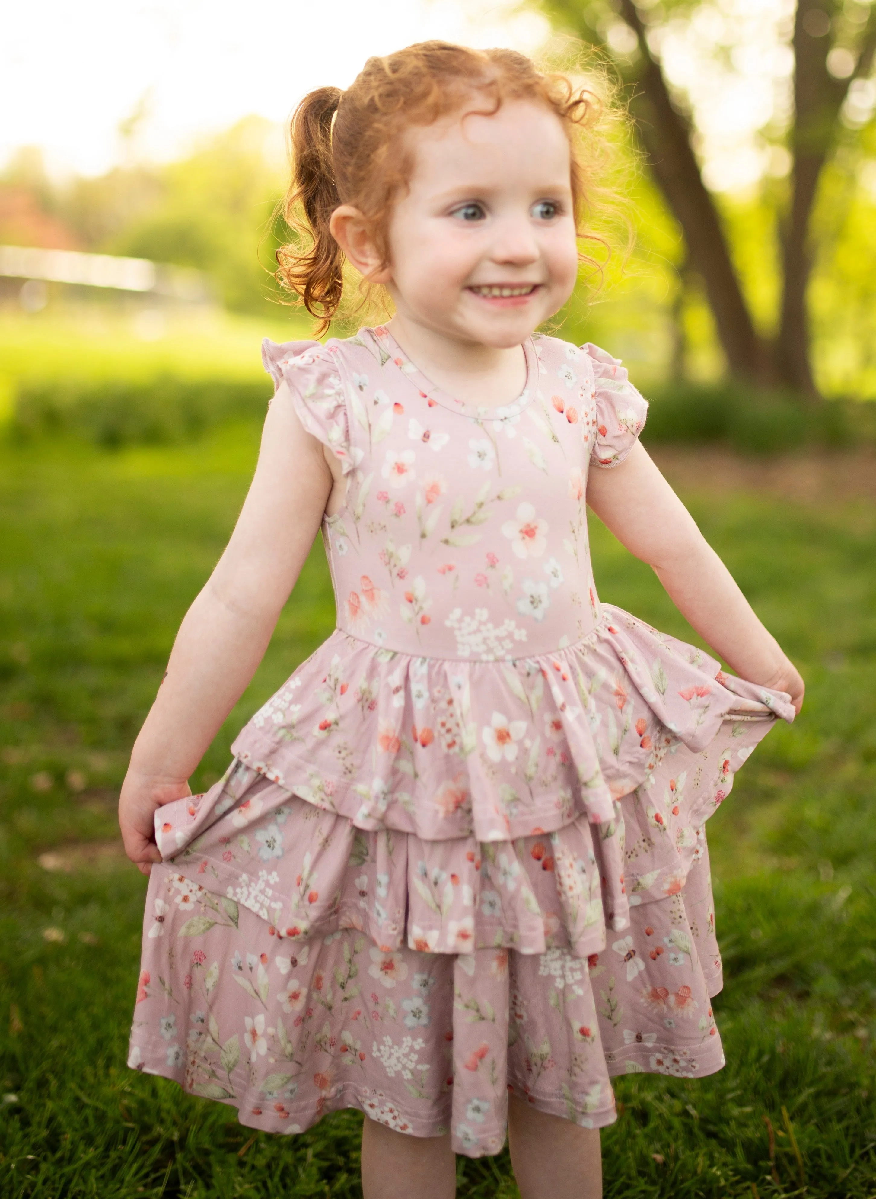 Spring Ruffle Sleeve Layered Bamboo Twirl Dress