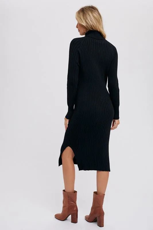 Turtleneck Ribbed Sweater Midi Dress Black