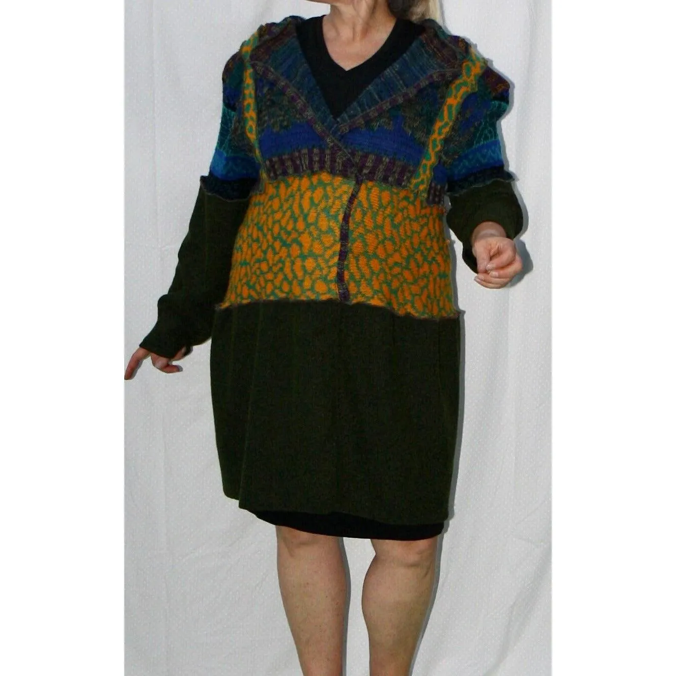 Vegan Cotton Knit Wrap Sweater Jumper Dress in Autumn shades Size M/L