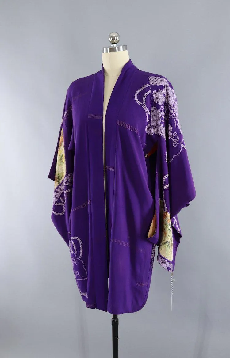 Vintage 1920s - 1930s Silk Kimono Cardigan / Purple and Green Fans