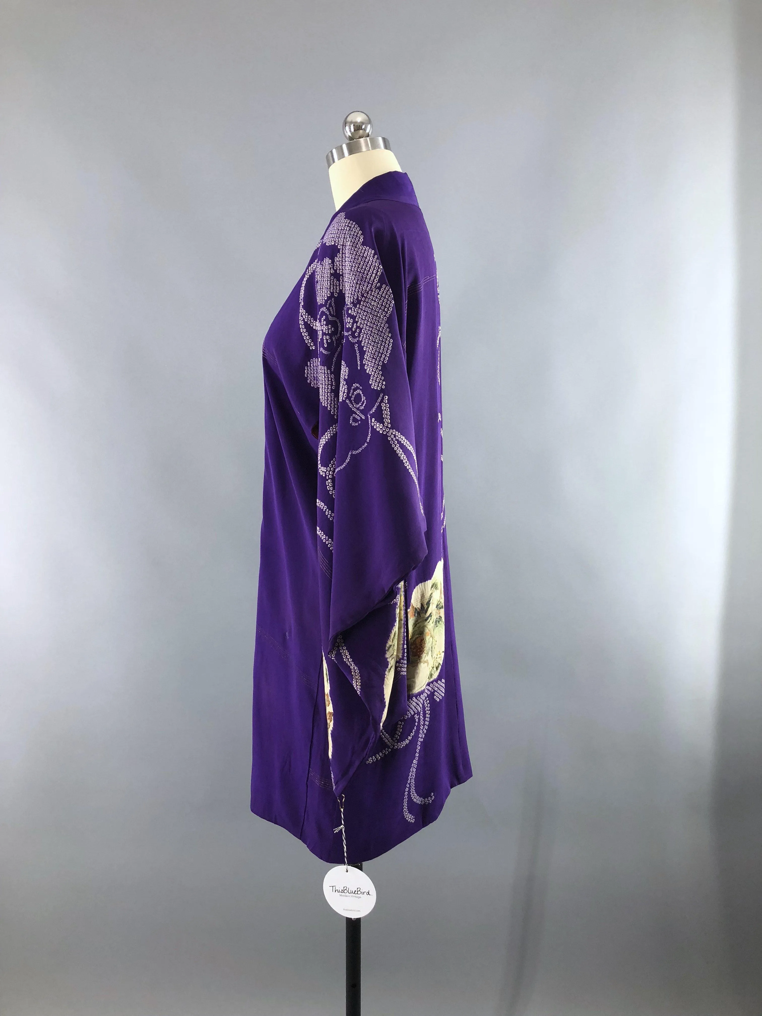 Vintage 1920s - 1930s Silk Kimono Cardigan / Purple and Green Fans