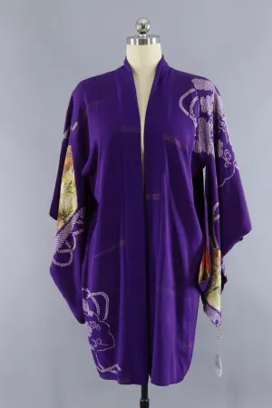 Vintage 1920s - 1930s Silk Kimono Cardigan / Purple and Green Fans