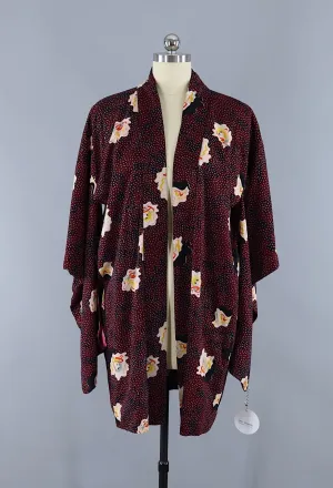 Vintage Kimono Jacket Cardigan / 1940s Black & Red Floral Dots