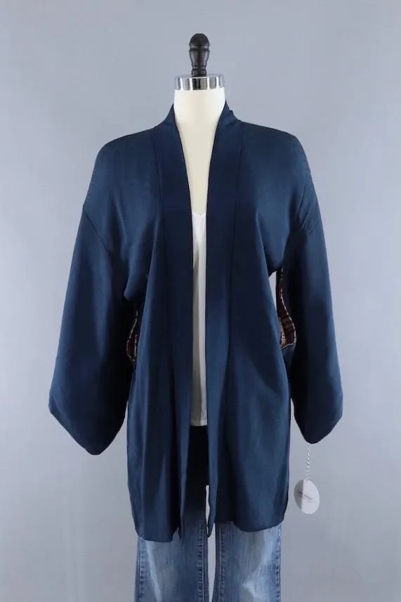 Vintage Silk Kimono Cardigan / Dark Blue